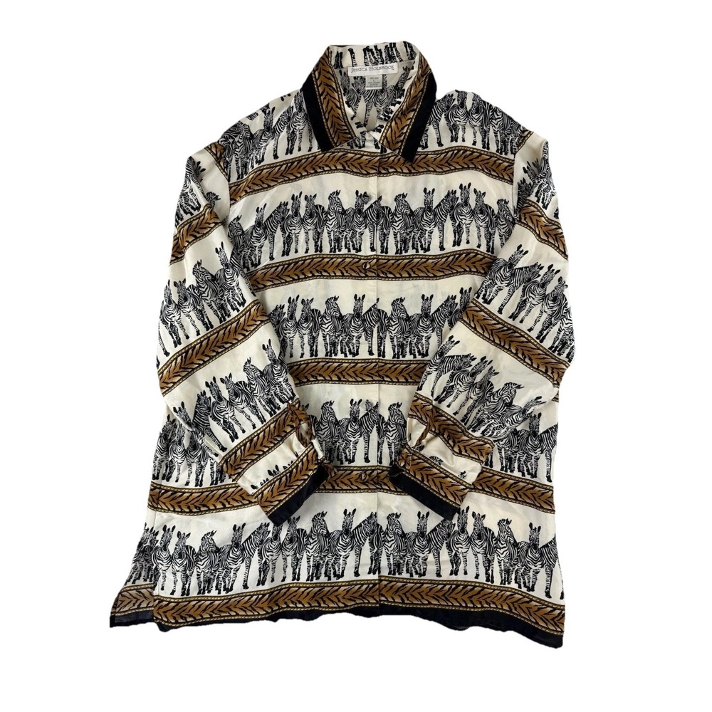 Jessica Holbrook Silk Zebra Print Long Sleeve‎ Blouse Women's Size Large Buttons